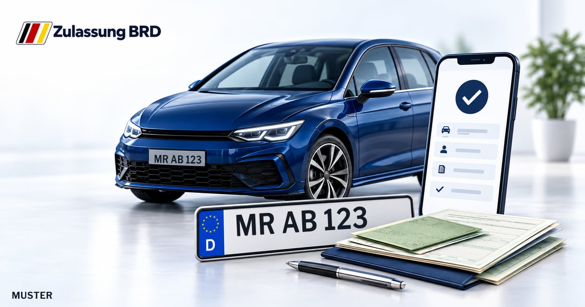 Online Fahrzeugzulassung in Breidenbach: Musterkennzeichen MR AB 123, Auto und Fahrzeugpapiere und Smartphone. Illustration mit Logo von Zulassung BRD.